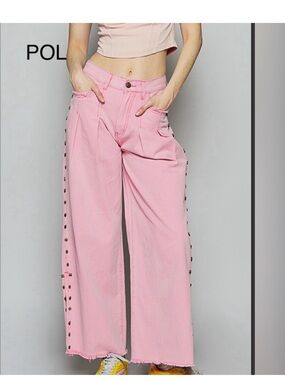 POL Pink Wide-Leg Snap-Detail Jeans NWOT
